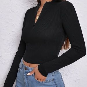 Zip Half Placket Rib-Knit Tee